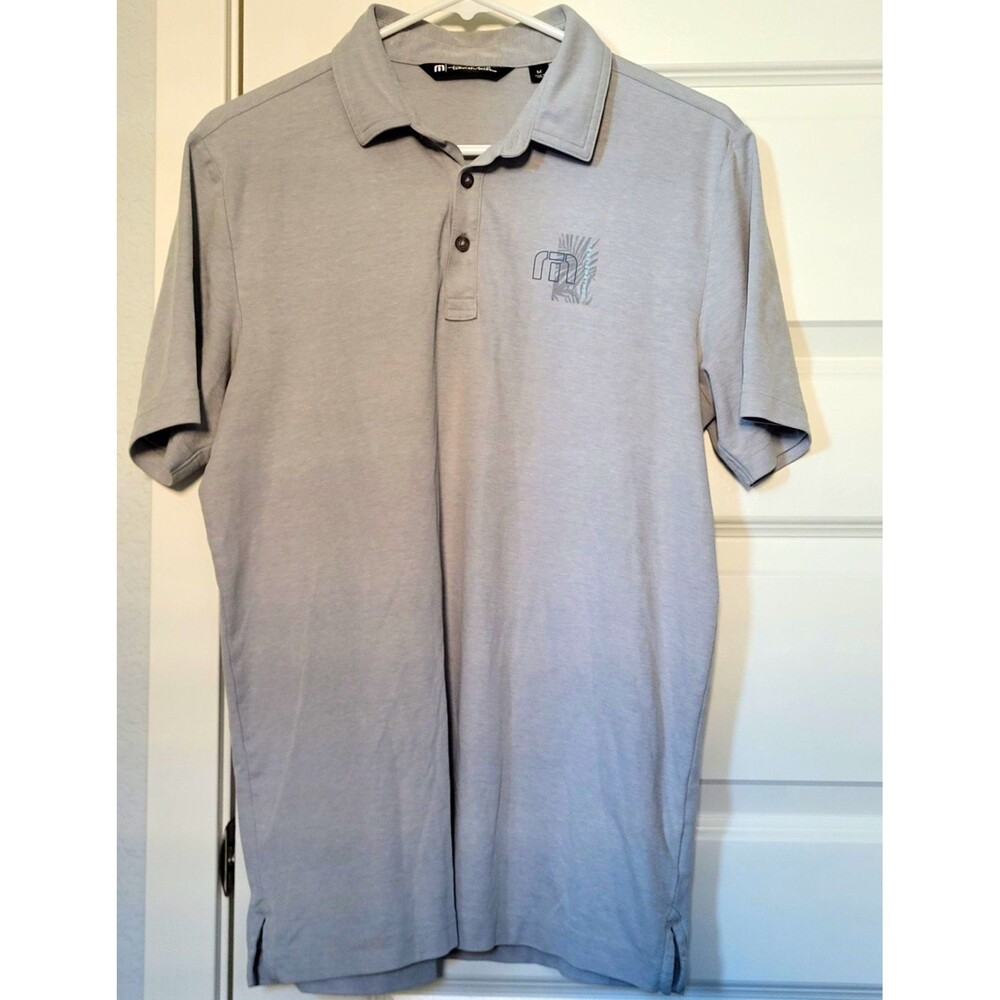 TravisMathew Men’s M Gray Graphic Print Polo Shirt Short Sleeve Knit Button Logo